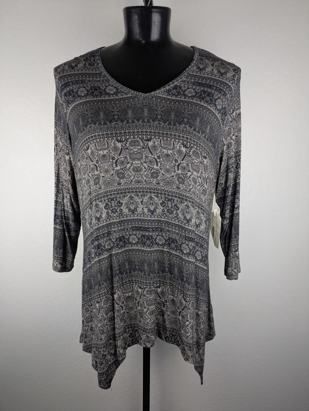 Farmers Market Tunic Length Sharkbite Hem Shirt gray black beige